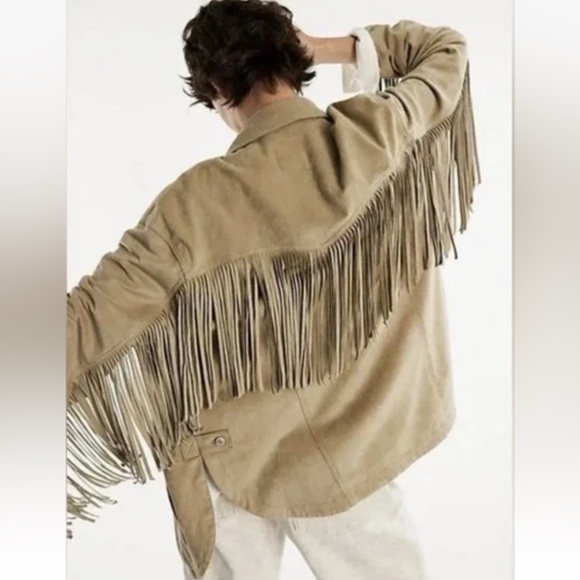 Free People We The Free Fringe Out Vegan Suede Smoked Green Jacket Size Large - Picture 4 of 13